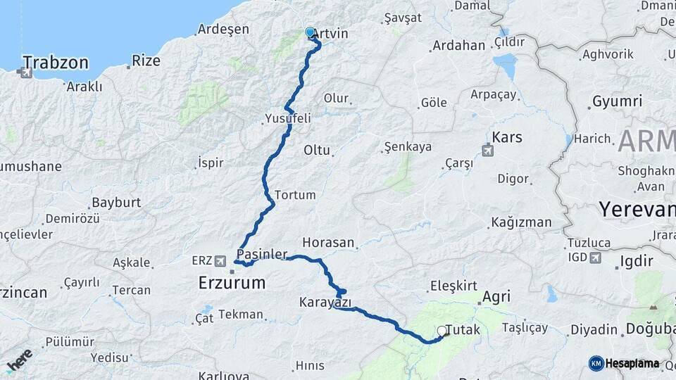 Artvin Tutak Ağrı Arası Kaç Km - Yol Haritası