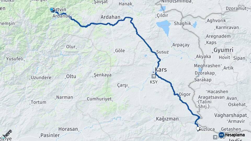 Artvin Tuzluca Iğdır Arası Kaç Km - Yol Haritası