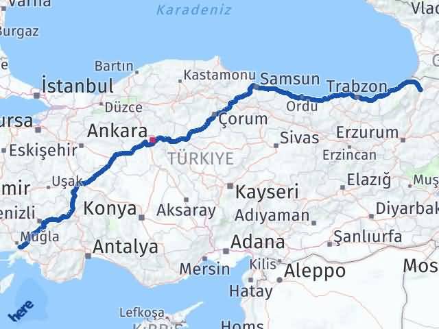Artvin Ula Muğla Arası Kaç Km - Yol Haritası