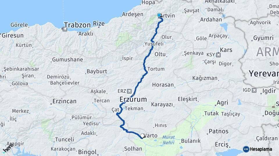 Artvin Varto Muş Arası Kaç Km - Yol Haritası