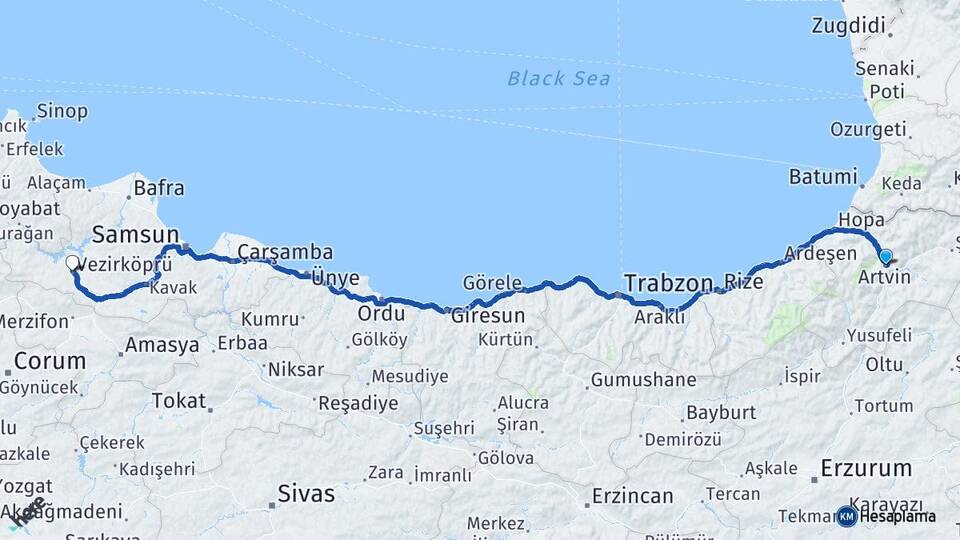 Artvin Vezirköprü Samsun Arası Kaç Km - Yol Haritası