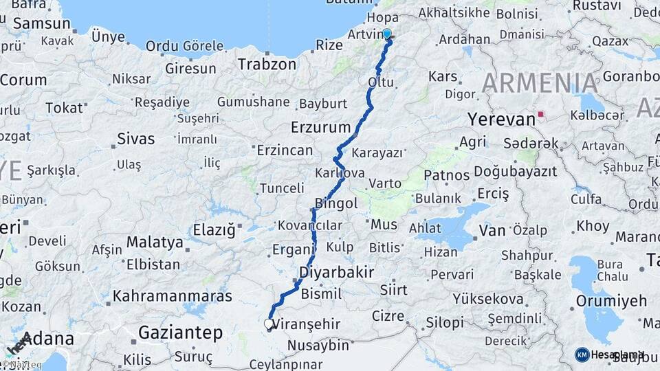 Artvin Viranşehir Şanlıurfa Arası Kaç Km - Yol Haritası