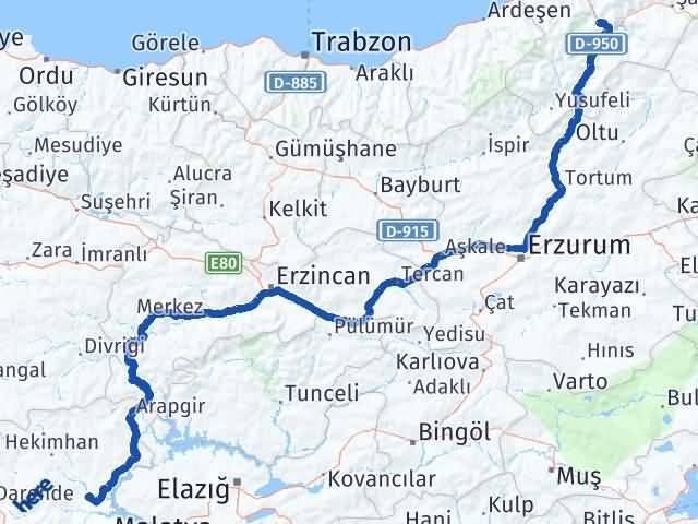 Artvin Yazıhan Malatya Arası Kaç Km - Yol Haritası
