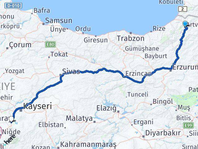 Artvin Yeşilhisar Kayseri Arası Kaç Km - Yol Haritası