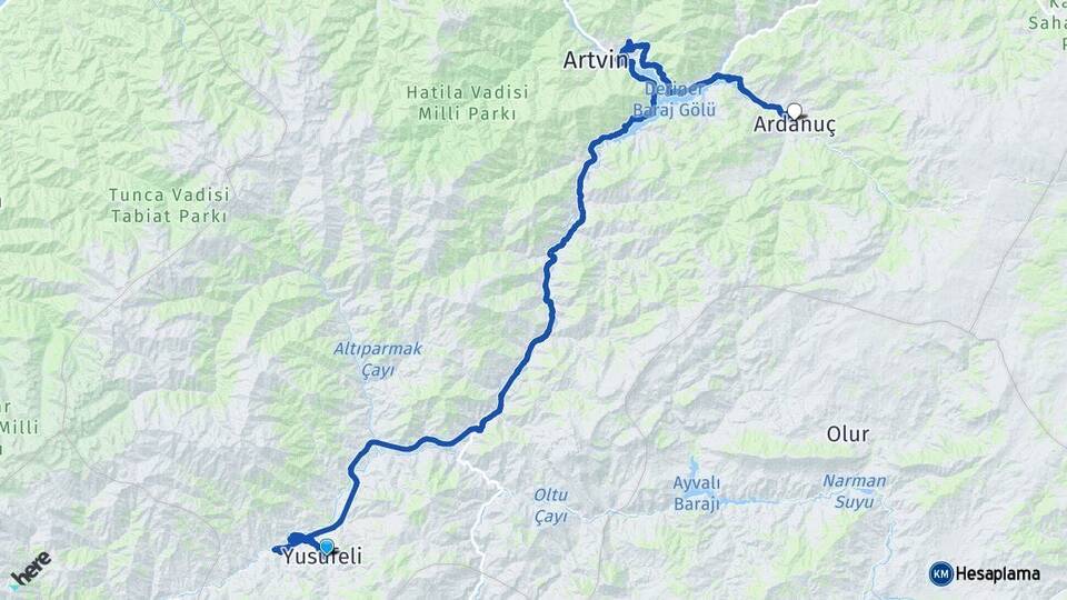 Artvin Yusufeli Ardanuç Arası Kaç Km - Yol Haritası