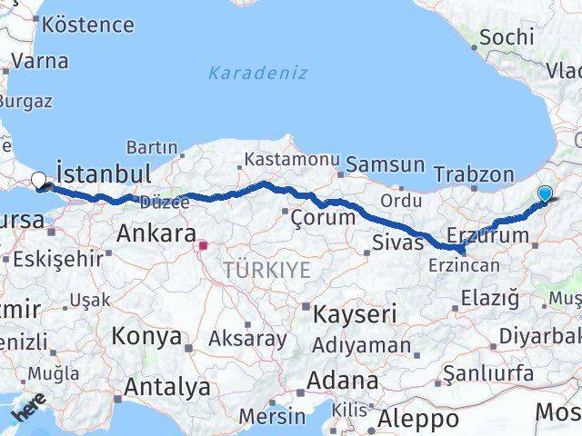 Artvin Yusufeli Avcılar İstanbul Arası Kaç Km - Yol Haritası