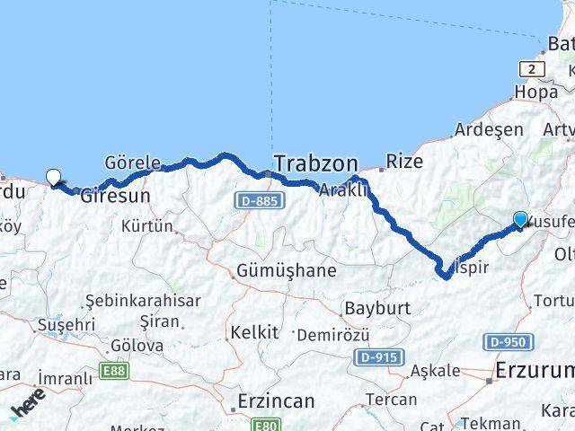 Artvin Yusufeli Bulancak Giresun Arası Kaç Km - Yol Haritası