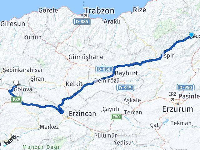 Artvin Yusufeli Çamoluk Giresun Arası Kaç Km - Yol Haritası