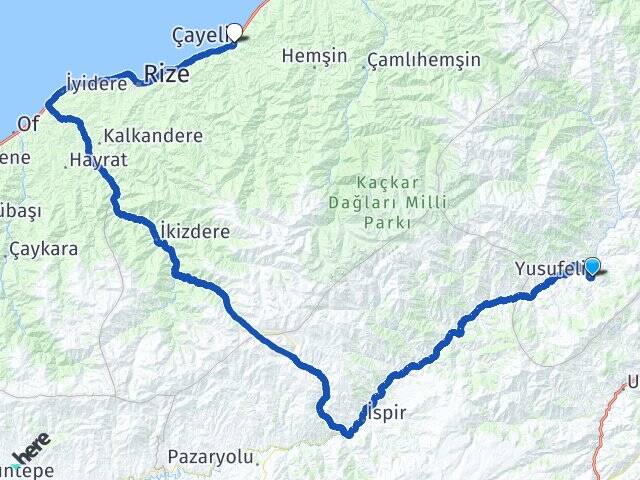 Artvin Yusufeli Çayeli Rize Arası Kaç Km - Yol Haritası