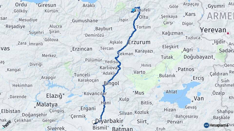 Artvin Yusufeli Diyarbakır Arası Kaç Km - Yol Haritası