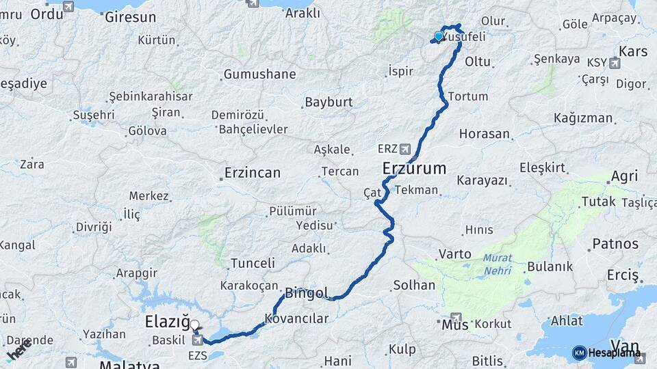 Artvin Yusufeli Elazığ Arası Kaç Km - Yol Haritası