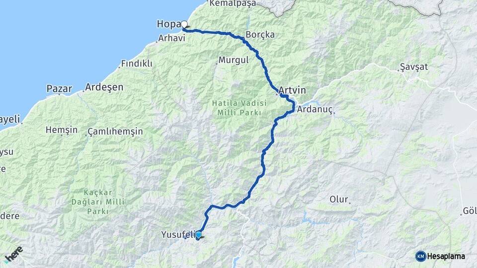 Artvin Yusufeli Hopa Arası Kaç Km - Yol Haritası