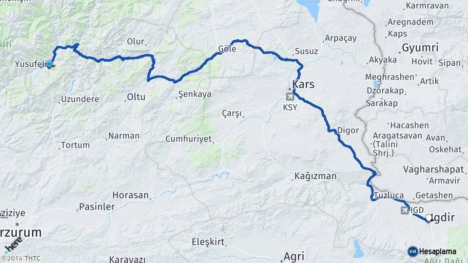 Artvin Yusufeli Iğdır Arası Kaç Km - Yol Haritası