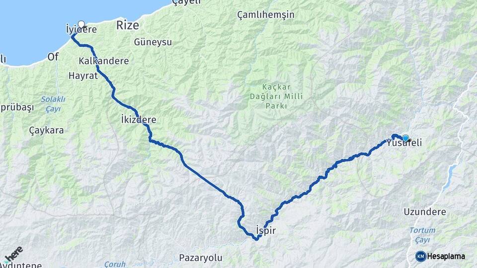 Artvin Yusufeli İyidere Rize Arası Kaç Km - Yol Haritası