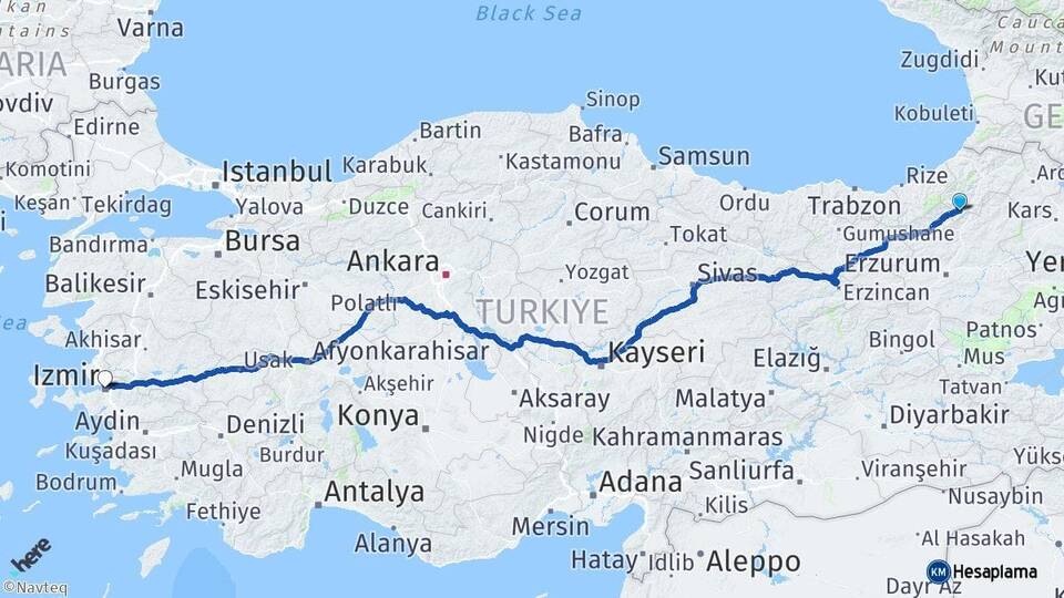Artvin Yusufeli İzmir Arası Kaç Km - Yol Haritası