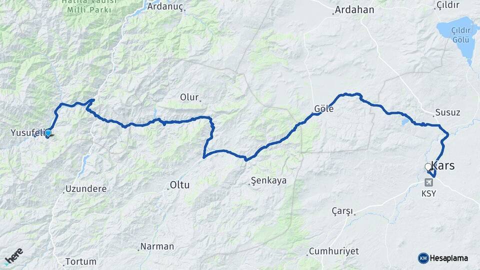 Artvin Yusufeli Kars Arası Kaç Km - Yol Haritası