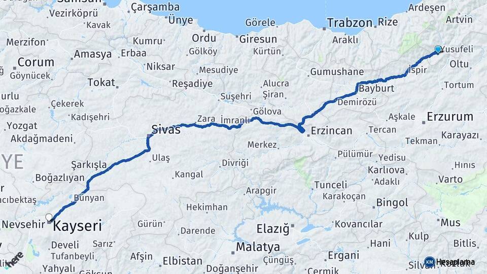 Artvin Yusufeli Kayseri Arası Kaç Km - Yol Haritası
