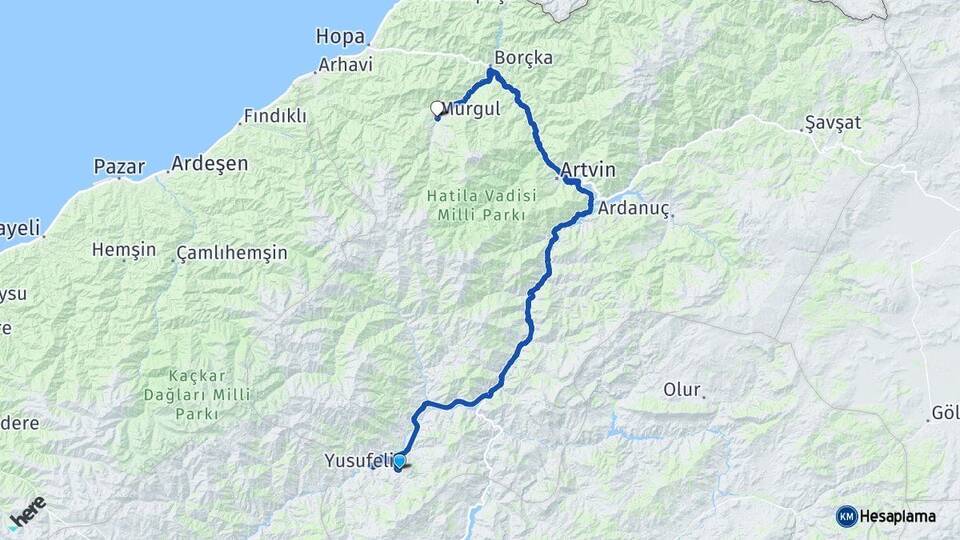 Artvin Yusufeli Murgul Arası Kaç Km - Yol Haritası