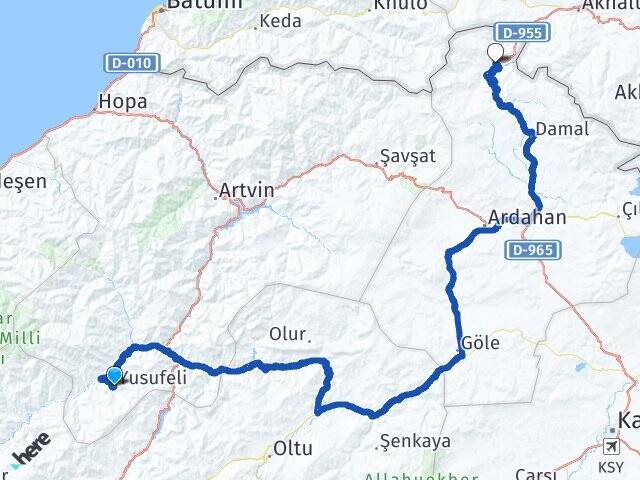 Artvin Yusufeli Posof Ardahan Arası Kaç Km - Yol Haritası