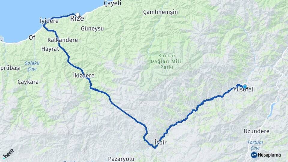 Artvin Yusufeli Rize Arası Kaç Km - Yol Haritası