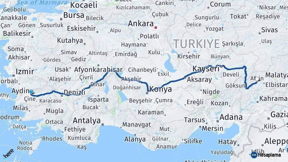 Aydın Afşin Kahramanmaraş Arası Kaç Km - Yol Haritası