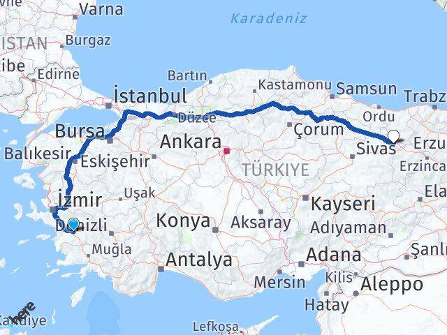 Aydın Akıncılar Sivas Arası Kaç Km - Yol Haritası