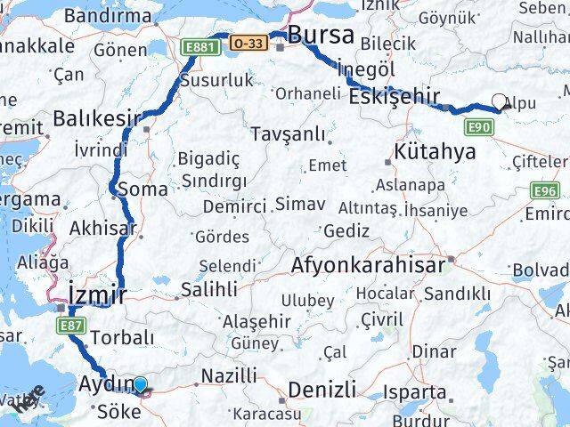 Aydın Alpu Eskişehir Arası Kaç Km - Yol Haritası