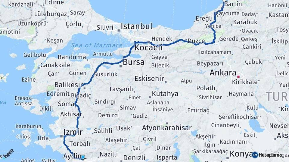Aydın Amasra Bartın Arası Kaç Km - Yol Haritası