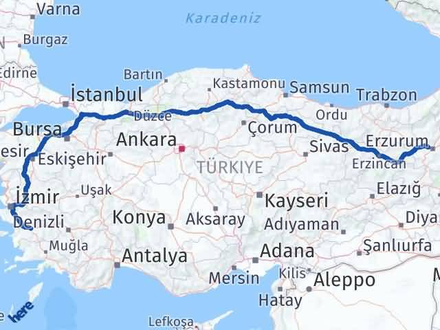 Aydın Aziziye Erzurum Arası Kaç Km - Yol Haritası