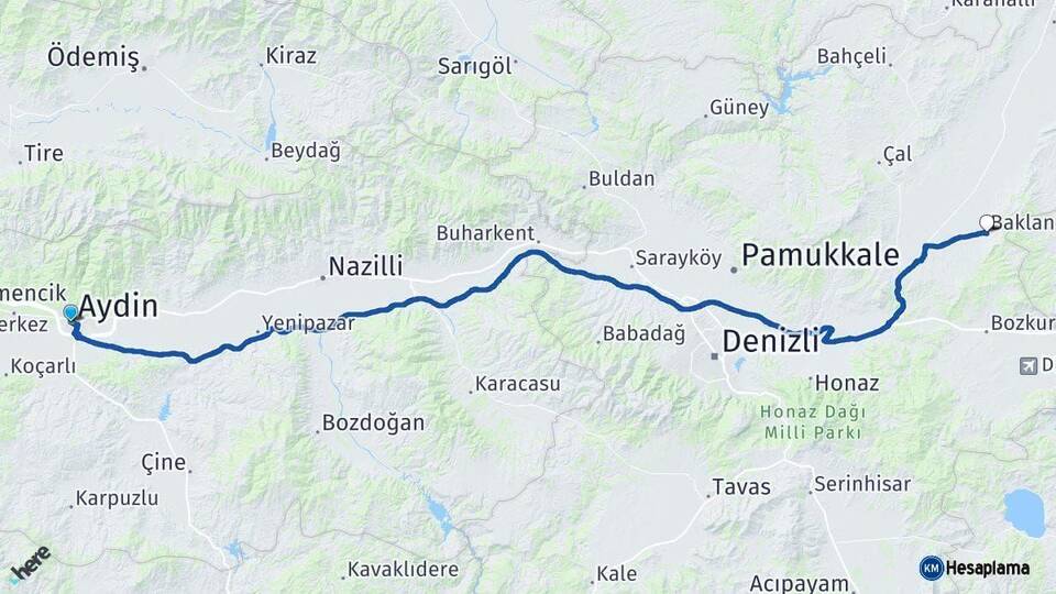 Aydın Baklan Denizli Arası Kaç Km - Yol Haritası