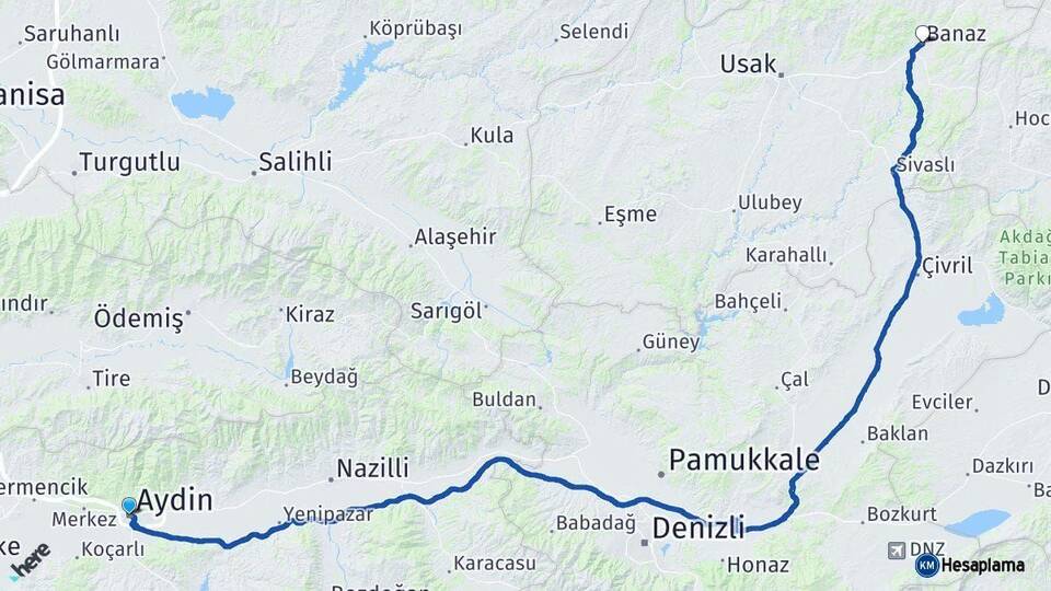 Aydın Banaz Uşak Arası Kaç Km - Yol Haritası