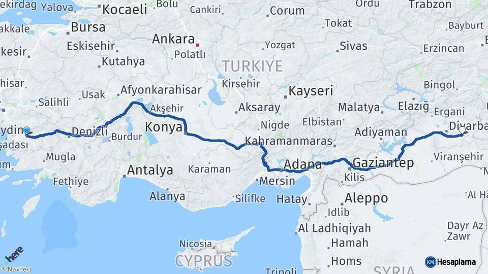 Aydın Bismil Diyarbakır Arası Kaç Km - Yol Haritası