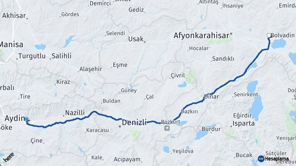 Aydın Bolvadin Afyonkarahisar Arası Kaç Km - Yol Haritası