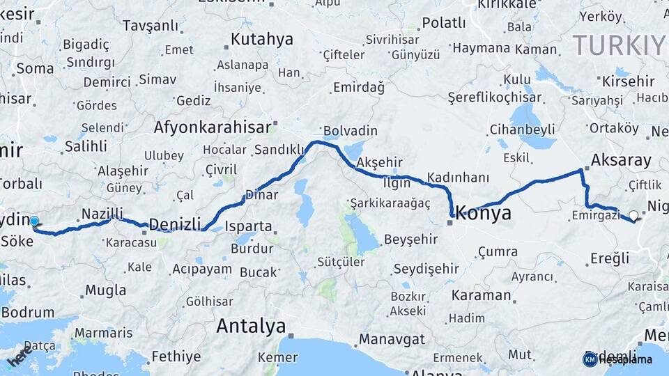 Aydın Bor Niğde Arası Kaç Km - Yol Haritası