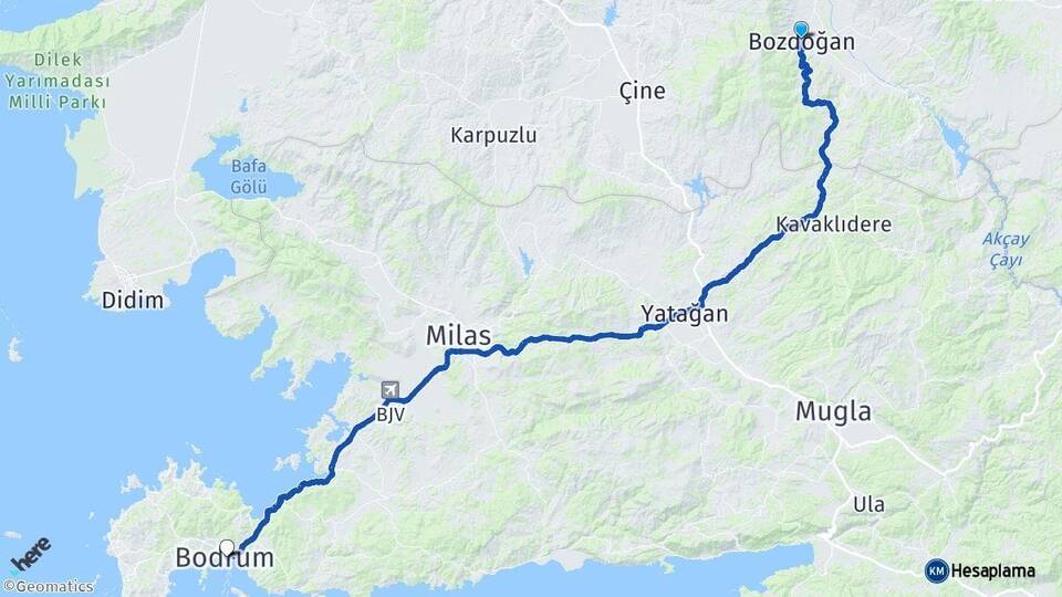Aydın Bozdoğan Bodrum Muğla Arası Kaç Km - Yol Haritası