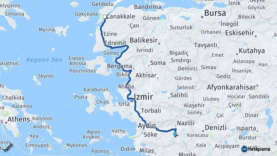 Aydın Bozdoğan Çanakkale Arası Kaç Km - Yol Haritası