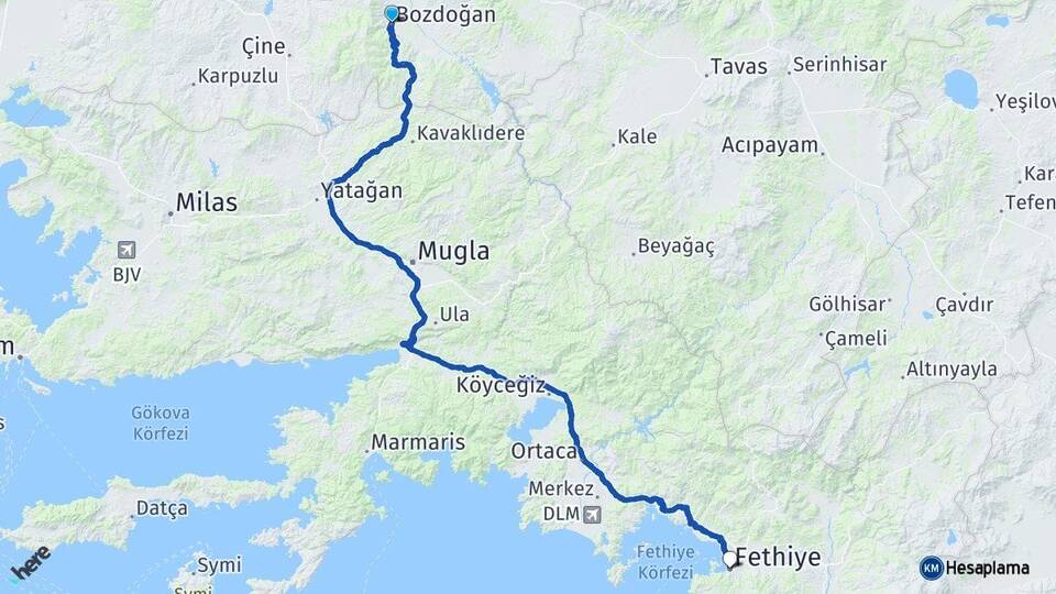 Aydın Bozdoğan Fethiye Muğla Arası Kaç Km - Yol Haritası