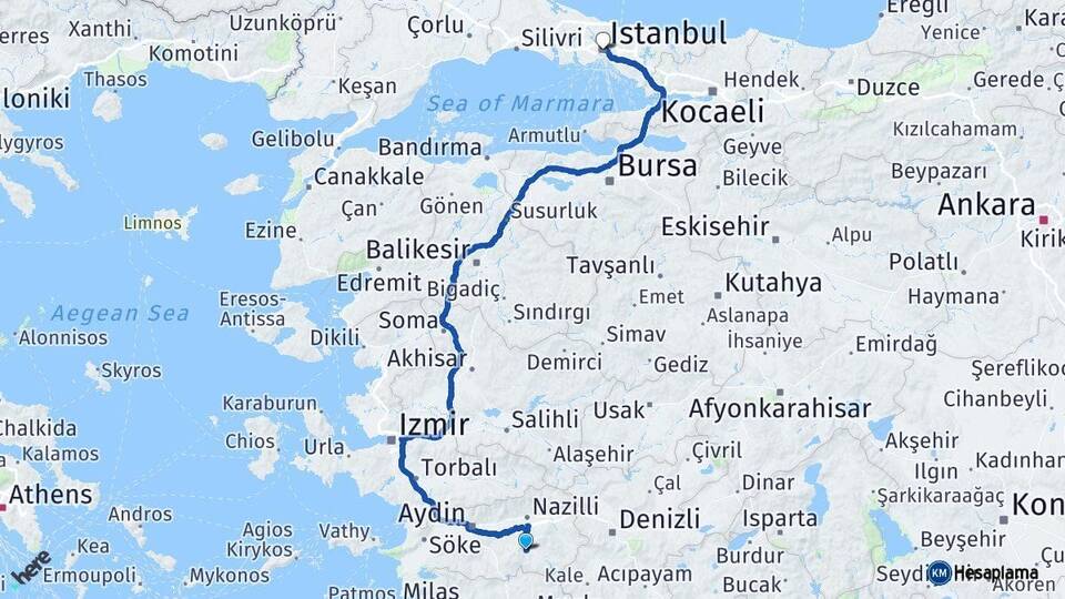 Aydın Bozdoğan İstanbul Arası Kaç Km - Yol Haritası