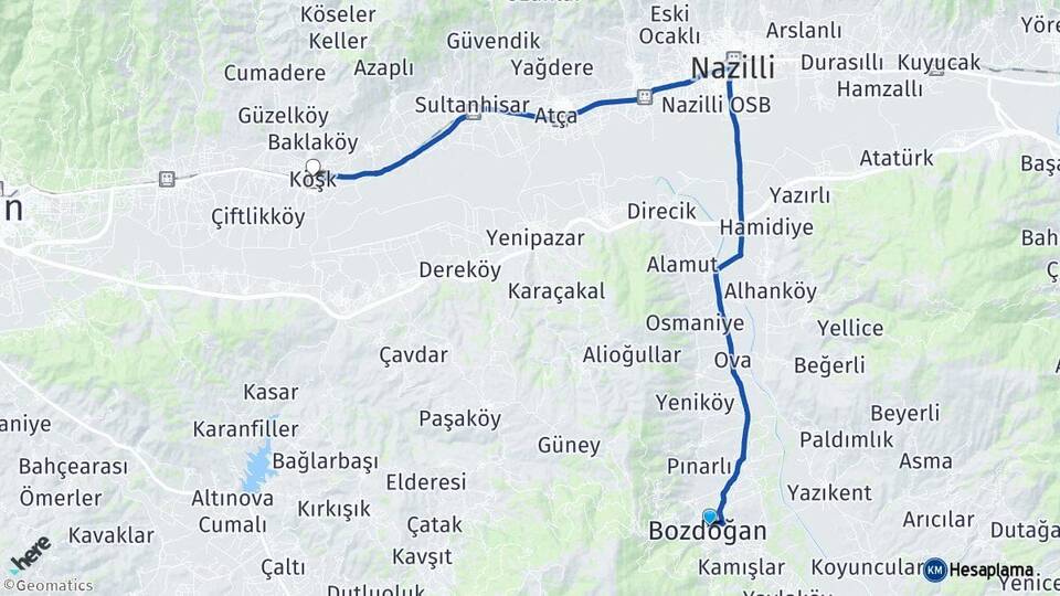 Aydın Bozdoğan Köşk Arası Kaç Km - Yol Haritası