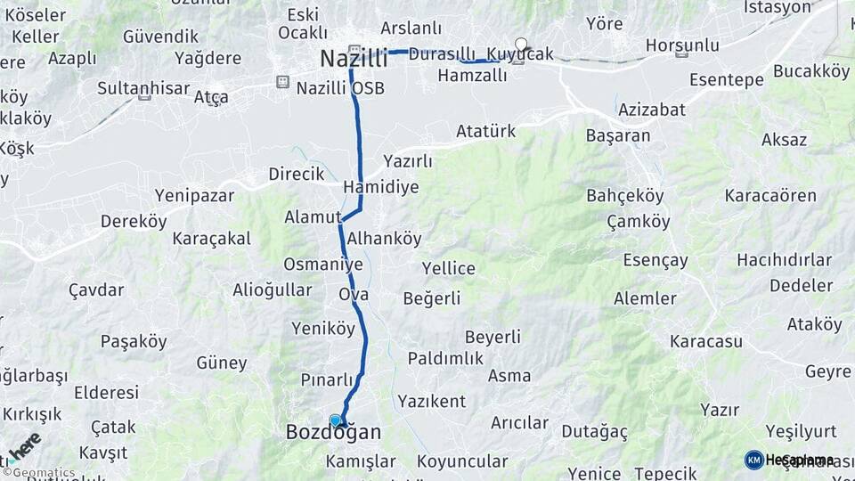 Aydın Bozdoğan Kuyucak Arası Kaç Km - Yol Haritası