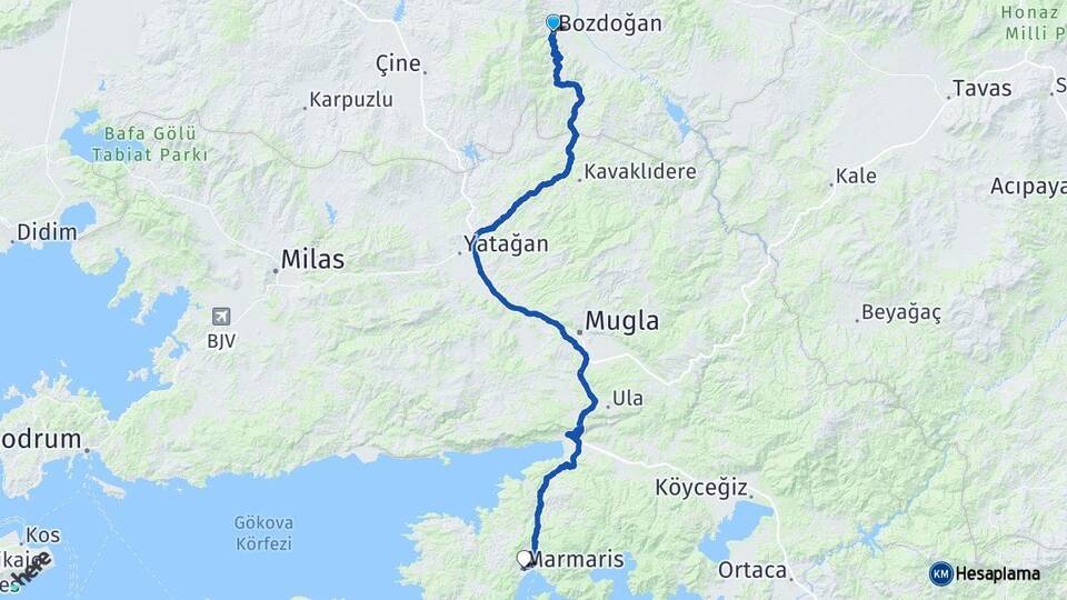 Aydın Bozdoğan Marmaris Muğla Arası Kaç Km - Yol Haritası
