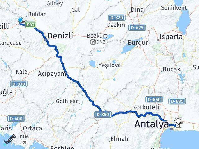 Aydın Buharkent Antalya Havalimanı Arası Kaç Km - Yol Haritası