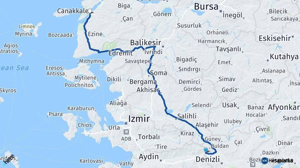 Aydın Buharkent Çanakkale Arası Kaç Km - Yol Haritası