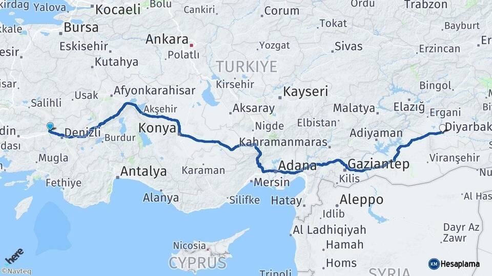 Aydın Buharkent Diyarbakır Arası Kaç Km - Yol Haritası