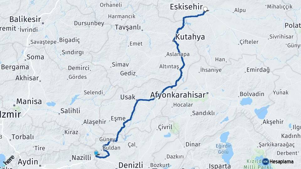 Aydın Buharkent Eskişehir Arası Kaç Km - Yol Haritası
