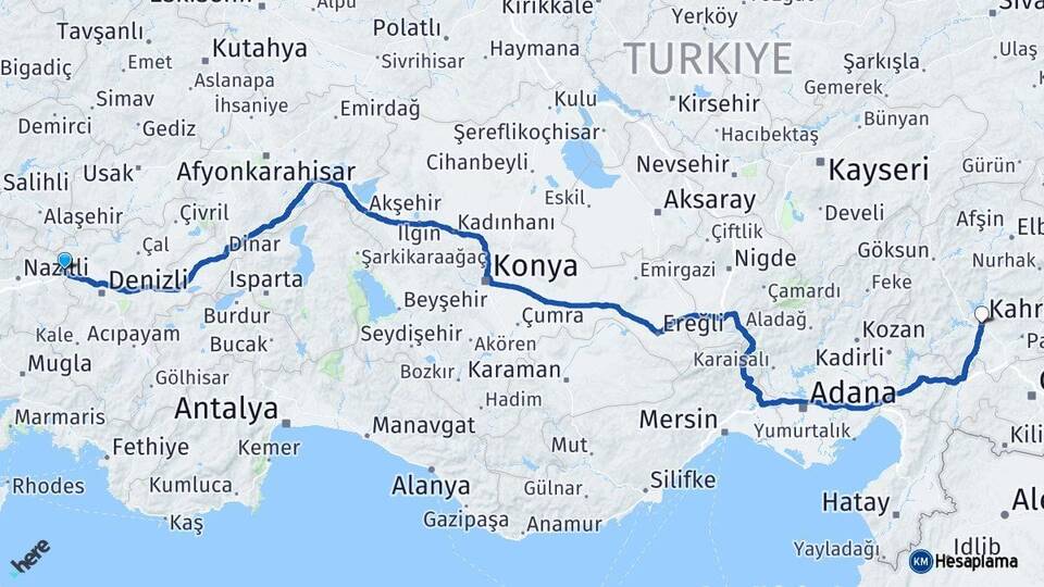 Aydın Buharkent Kahramanmaraş Arası Kaç Km - Yol Haritası