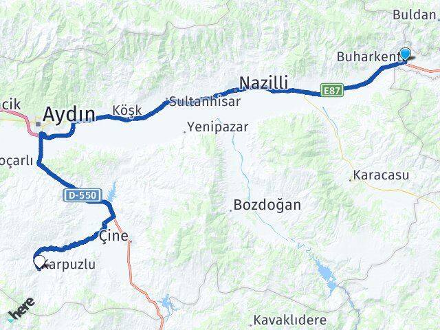 Aydın Buharkent Karpuzlu Arası Kaç Km - Yol Haritası