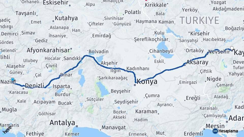Aydın Buharkent Kayseri Arası Kaç Km - Yol Haritası