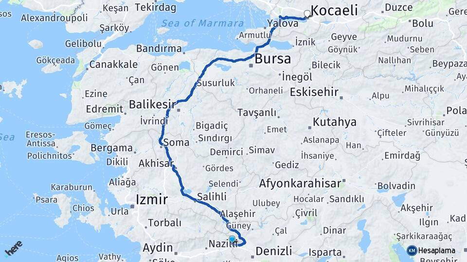 Aydın Buharkent Kocaeli Arası Kaç Km - Yol Haritası