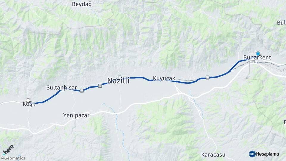 Aydın Buharkent Köşk Arası Kaç Km - Yol Haritası